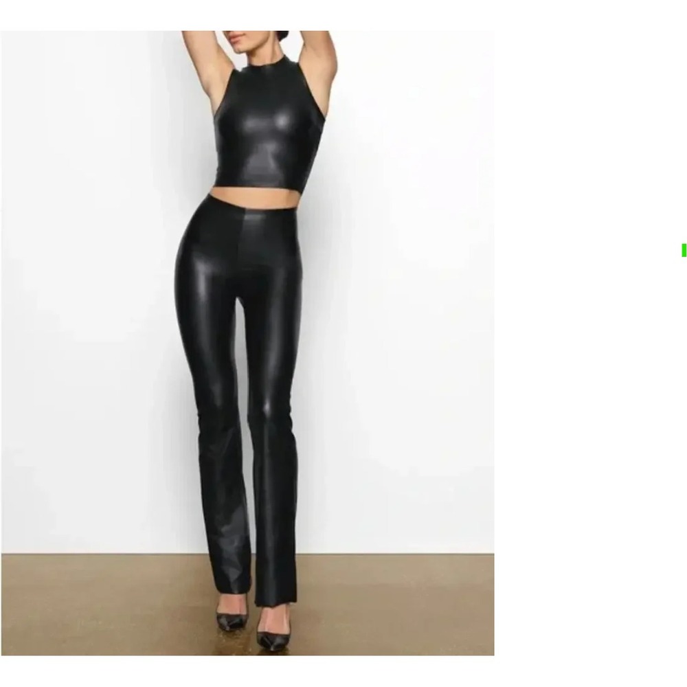 SKIMS Womens Black High‎ Rise Pull On Faux Leather Flared Leg Pants Size L